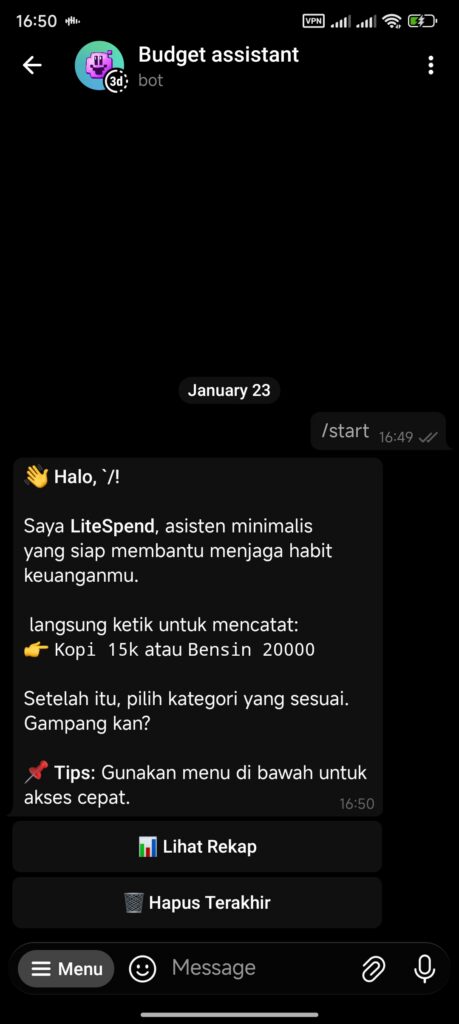 Tangkapan layar bot litespend selamat datang